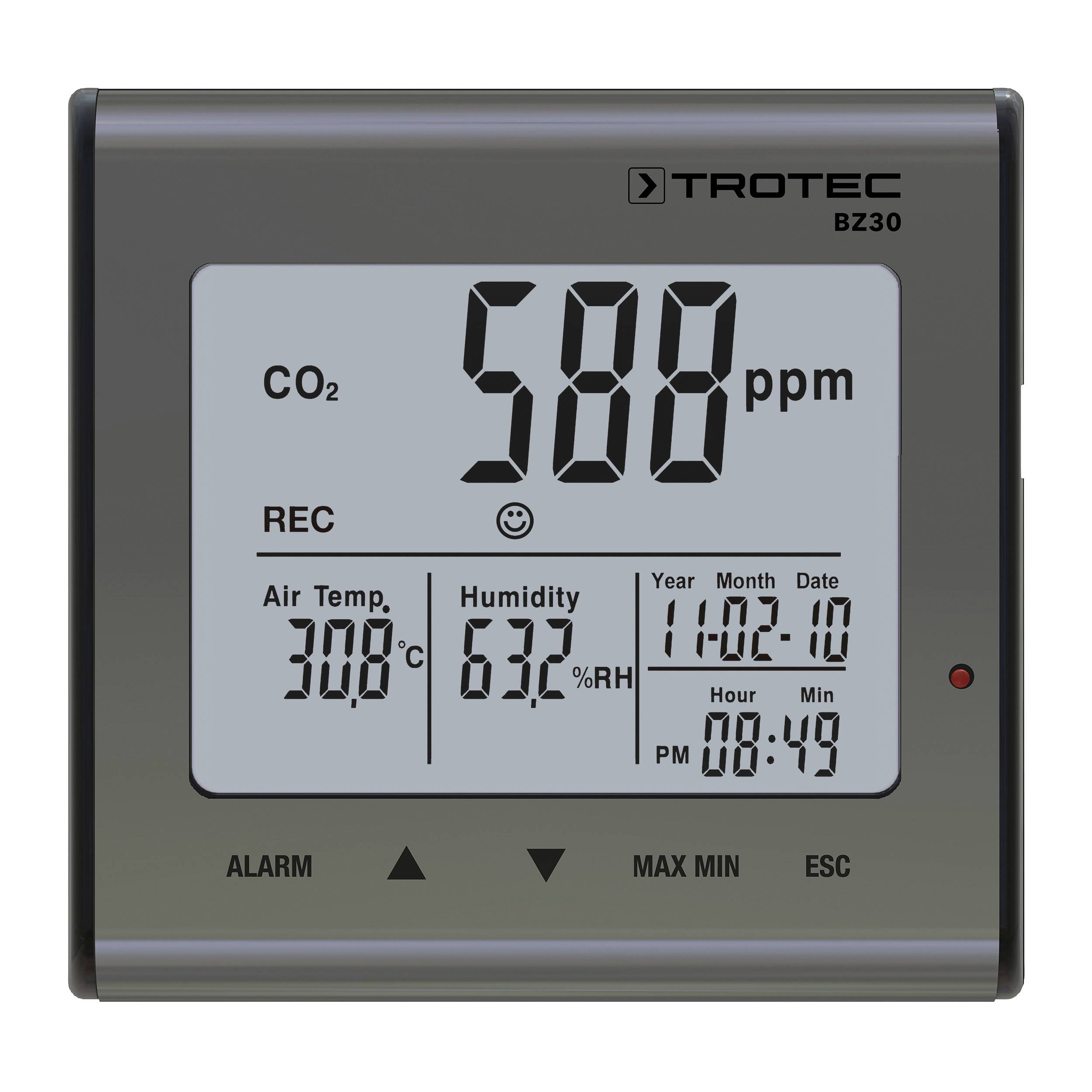 TROTEC CO2 Messgerät BZ30 – Luftqualitätsmonitor, Luftfeuchtigkeit, Temperatur – Messbereich 0 bis 9.999 PPM, Abweichungen +-75ppm + 5%, Datenlo