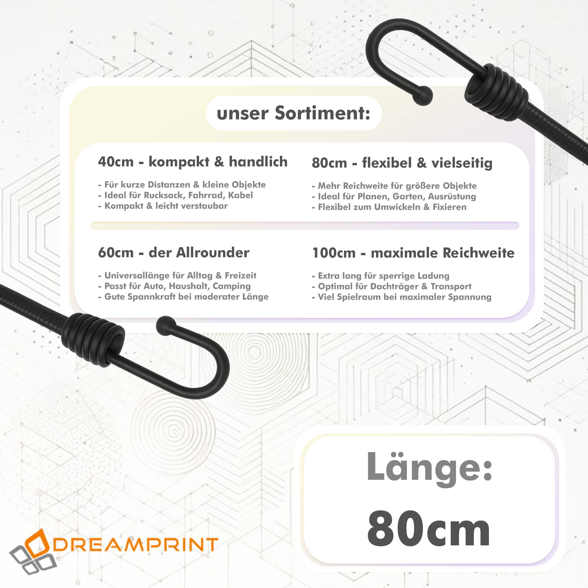 Dreamprint 100 Stück Expander 80cm 6mm Ø Planenspanner Spanner mit zwei Spiralhaken schwarz