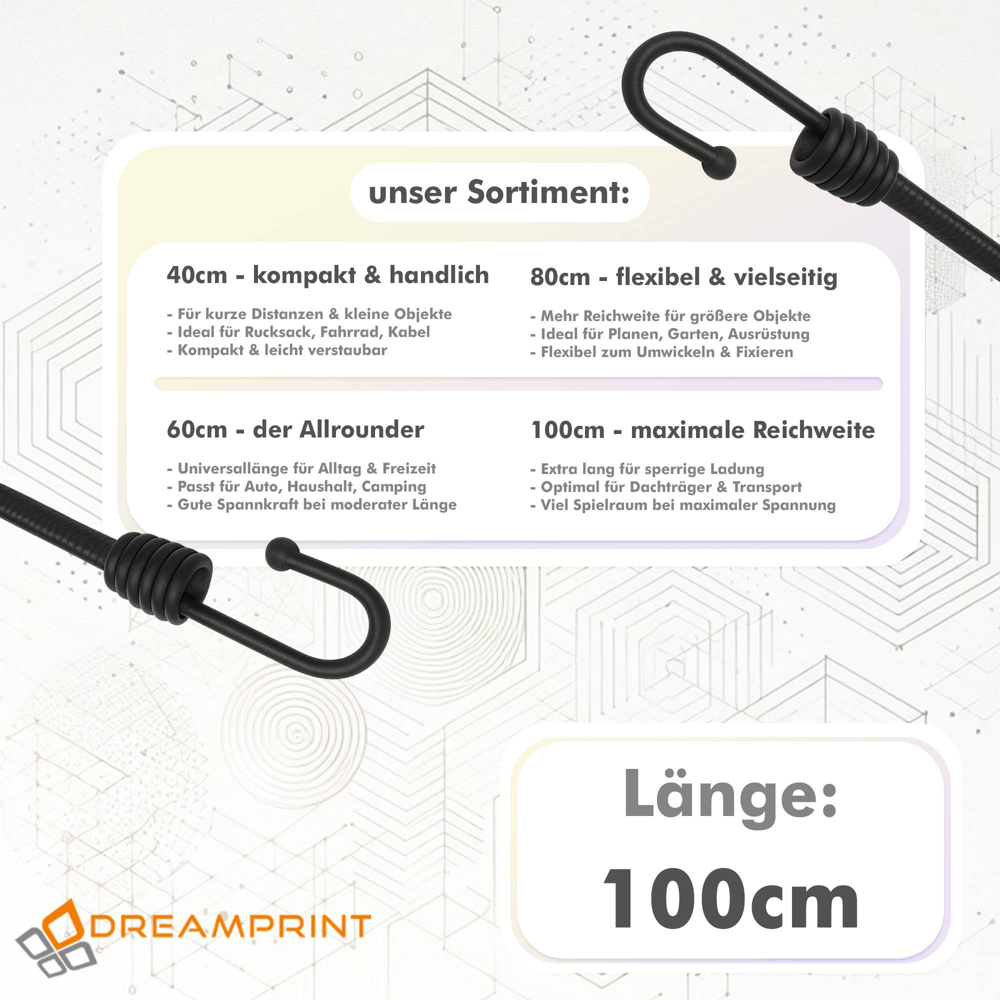 Dreamprint Expander 70 Stück Schwarz 100cm 8mm Ø Planenspanner Spann-Gummi Gepäckspanner Gummiseil mit Spiralhaken