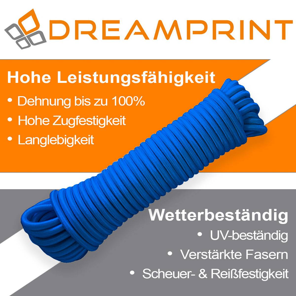 Dreamprint Expanderseil 100m Blau 8mm Ø – Gummiseil, Planenseil, elastisches Seil für Innen & Außen – Wetterfest & Reißfest – Ideal für Lad