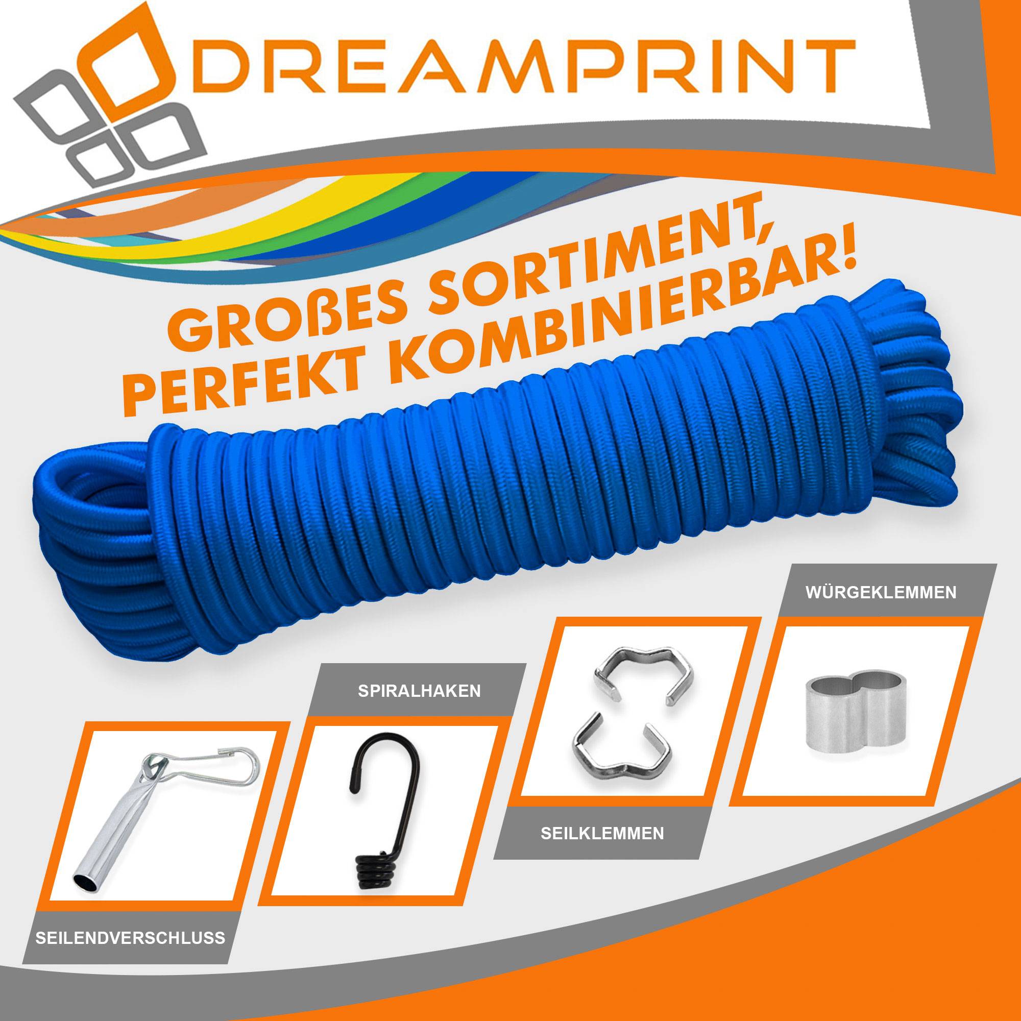 Dreamprint Expanderseil 30m Blau 8mm Ø – Gummiseil, Planenseil, elastisches Seil für Innen & Außen – Wetterfest & Reißfest – Ideal für Ladu