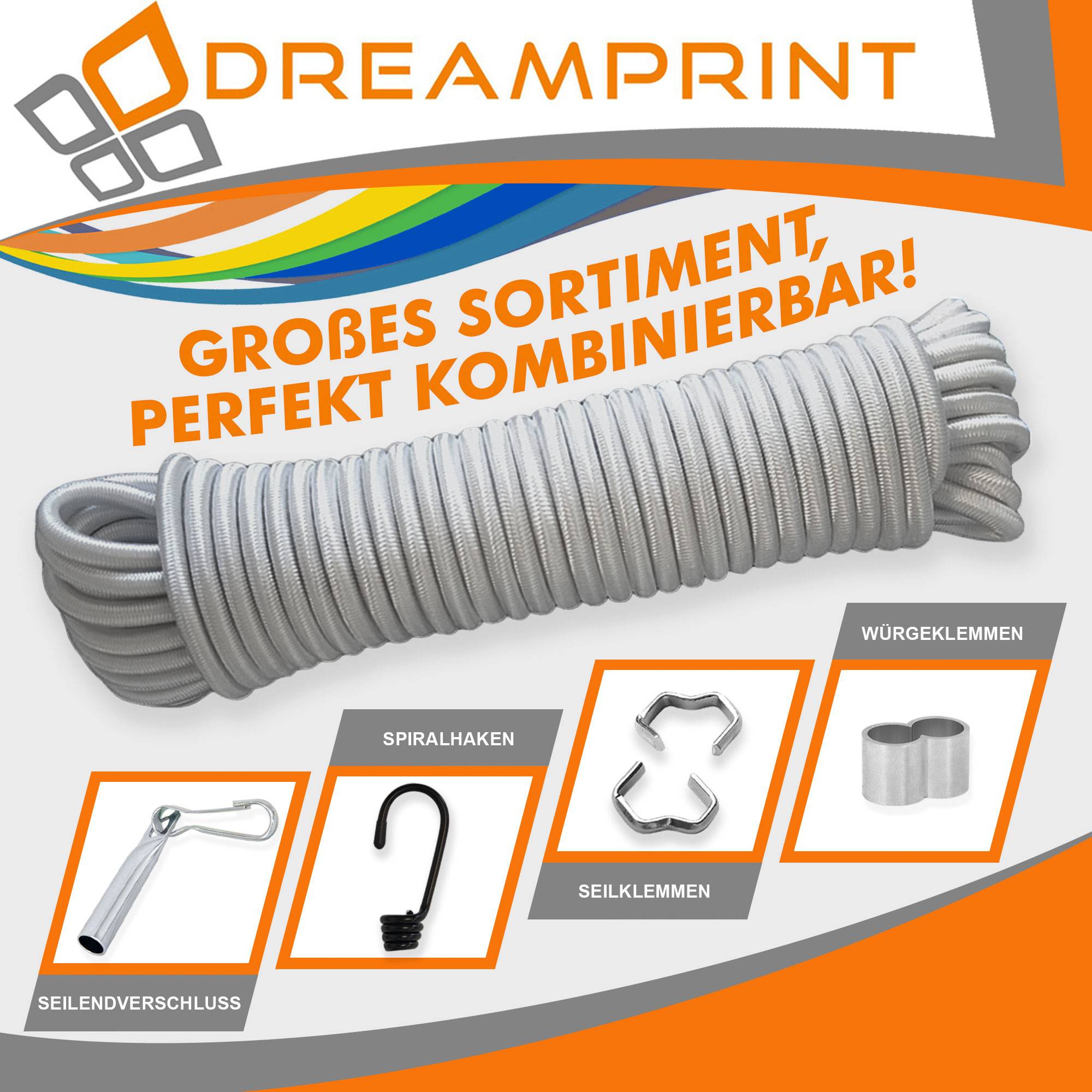 Dreamprint Expanderseil 10m Grau 10mm Ø – Gummiseil, Planenseil, elastisches Seil für Innen & Außen – Wetterfest & Reißfest – Ideal für Lad