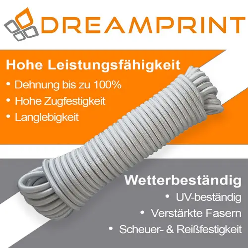 Dreamprint Expanderseil 10m Grau 10mm Ø – Gummiseil, Planenseil, elastisches Seil für Innen & Außen – Wetterfest & Reißfest – Ideal für Lad Dreamprint Expanderseil 10m Grau 10mm Ø – Gummiseil, Planenseil, elastisches Seil für Innen & Außen – Wetterfest & Reißfest – Ideal für Lad
