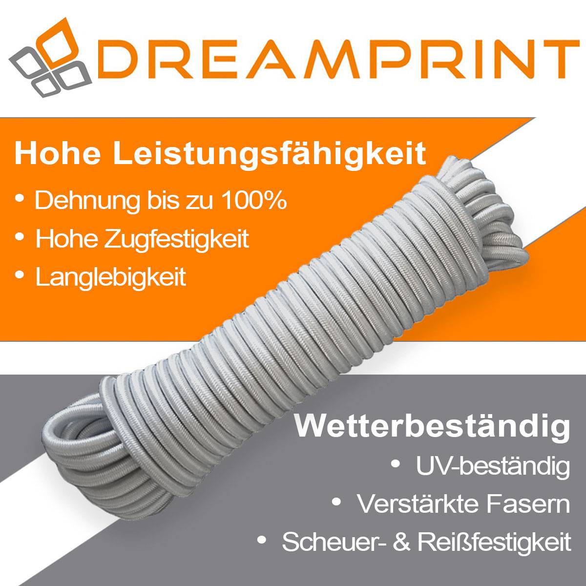 Dreamprint Expanderseil 20m Grau 6mm Ø – Gummiseil, Planenseil, elastisches Seil für Innen & Außen – Wetterfest & Reißfest – Ideal für Ladu