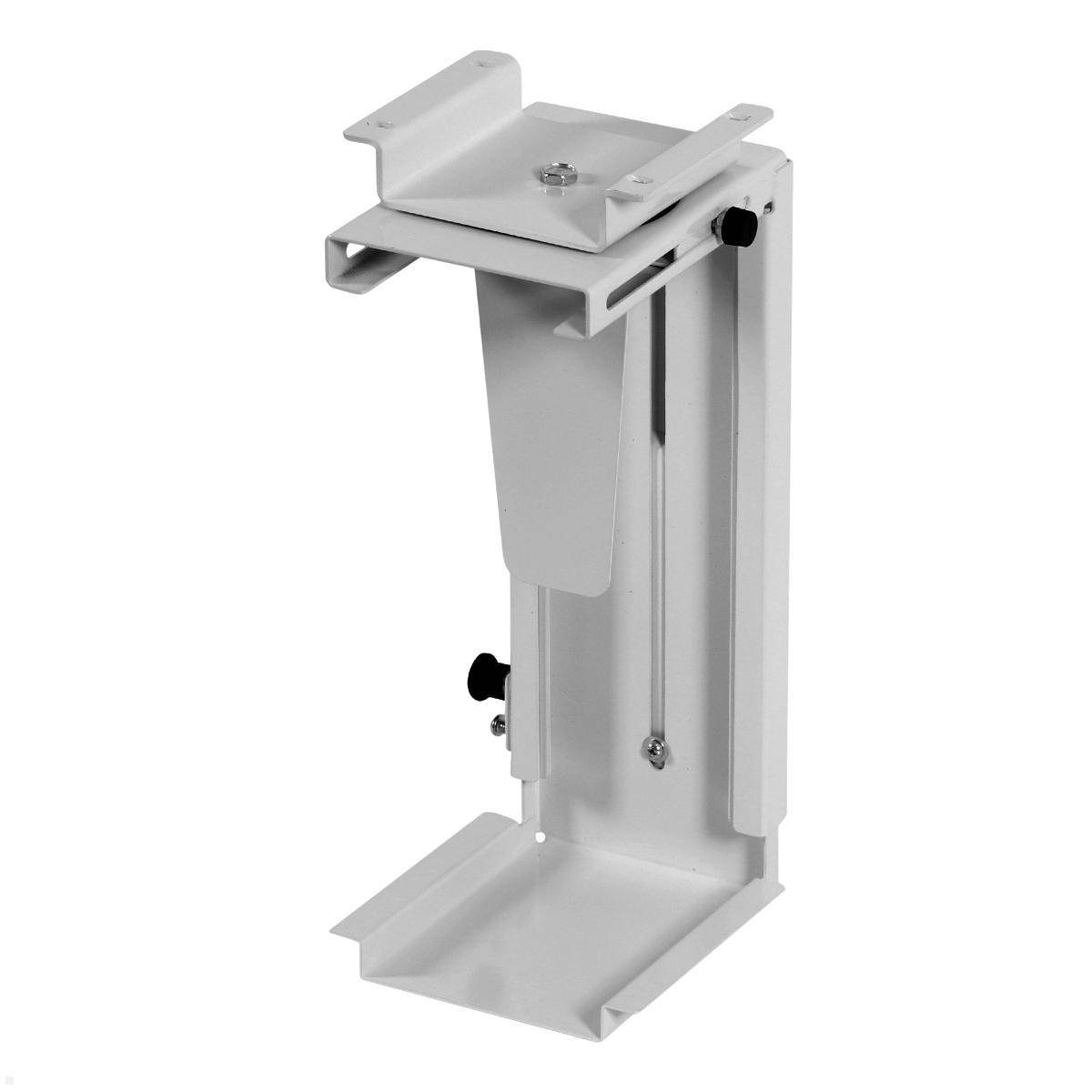 Ein weißer Metall-CPU-Halterhalter, entwickelt zum Anbringen eines Computergehäuses unter einem Schreibtisch, mit verstellbarer Breite und Stützarmen.