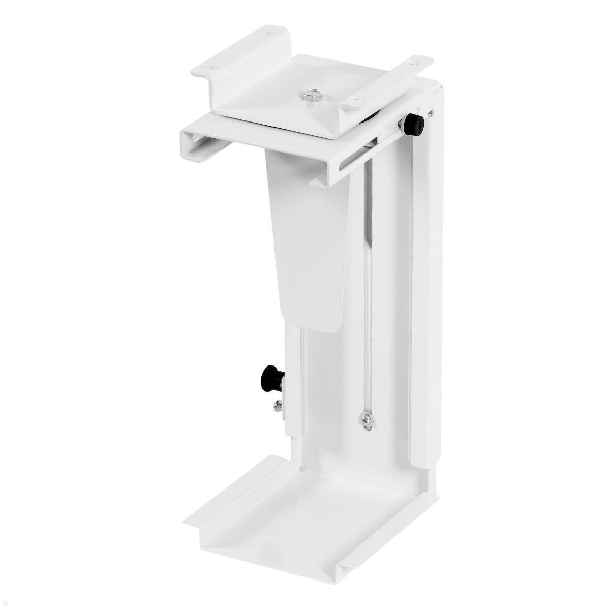 Weißer CPU-Halter für Unterbaumontage, höhen- und breitenverstellbar, mit sicheren Klammern und glatter Oberfläche. Ideal zur Platzersparnis.