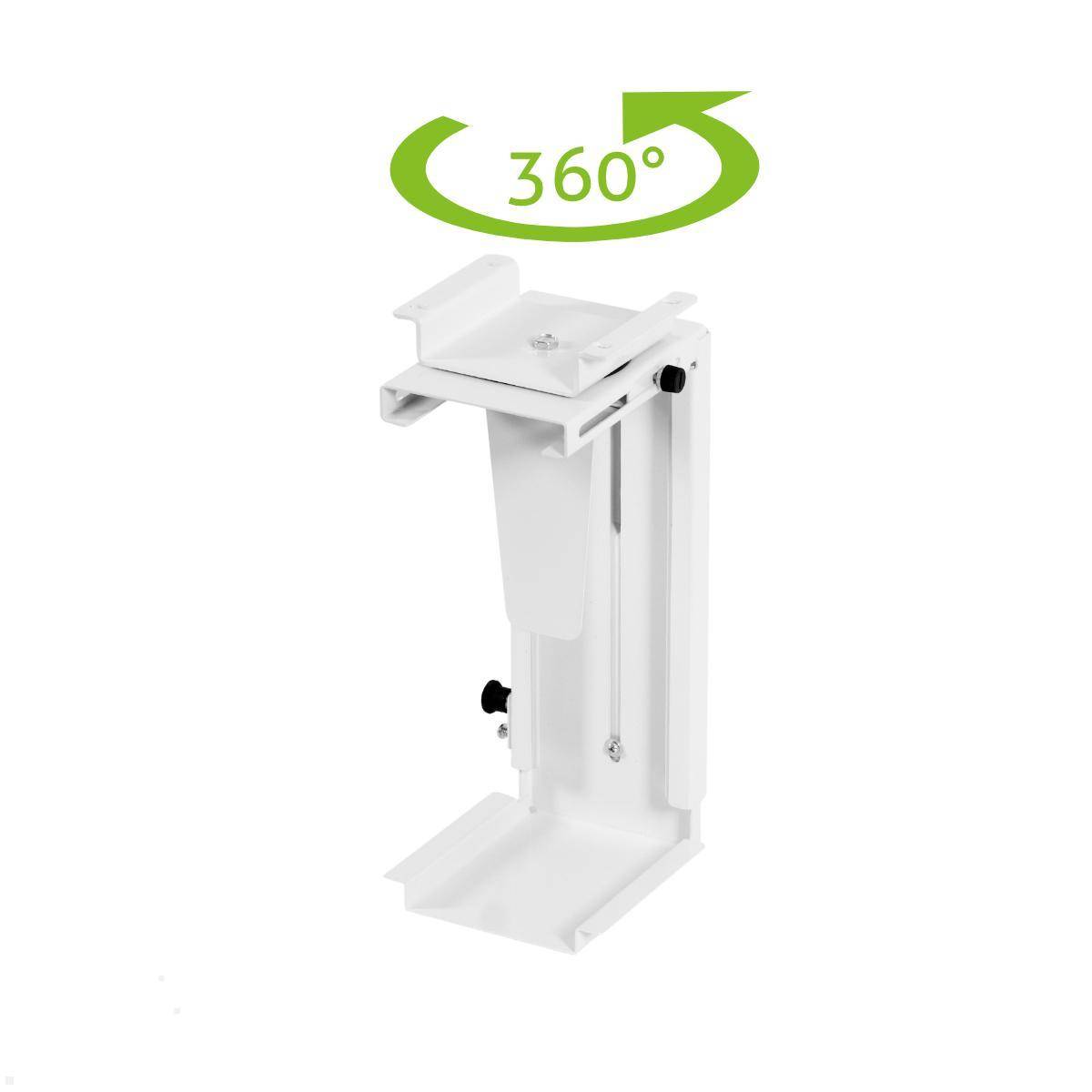 Weißer verstellbarer Halterung mit einer Rotationsfunktion, gekennzeichnet durch ein grünes '360°'-Symbol darüber. Entwickelt für vielseitige Positionierung.