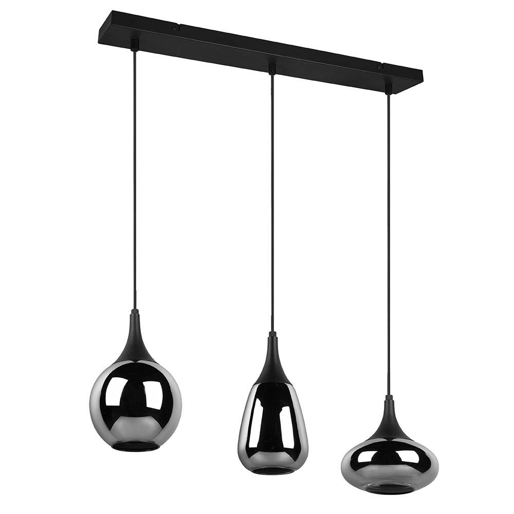 Esstischlampe schwarz Hängeleuchte Esszimmer Pendelleuchte Glas 3 flammig Glas chrom bedampft, unterschiedliche Lampenschirme, 8x E14, LxH 68x150 cm