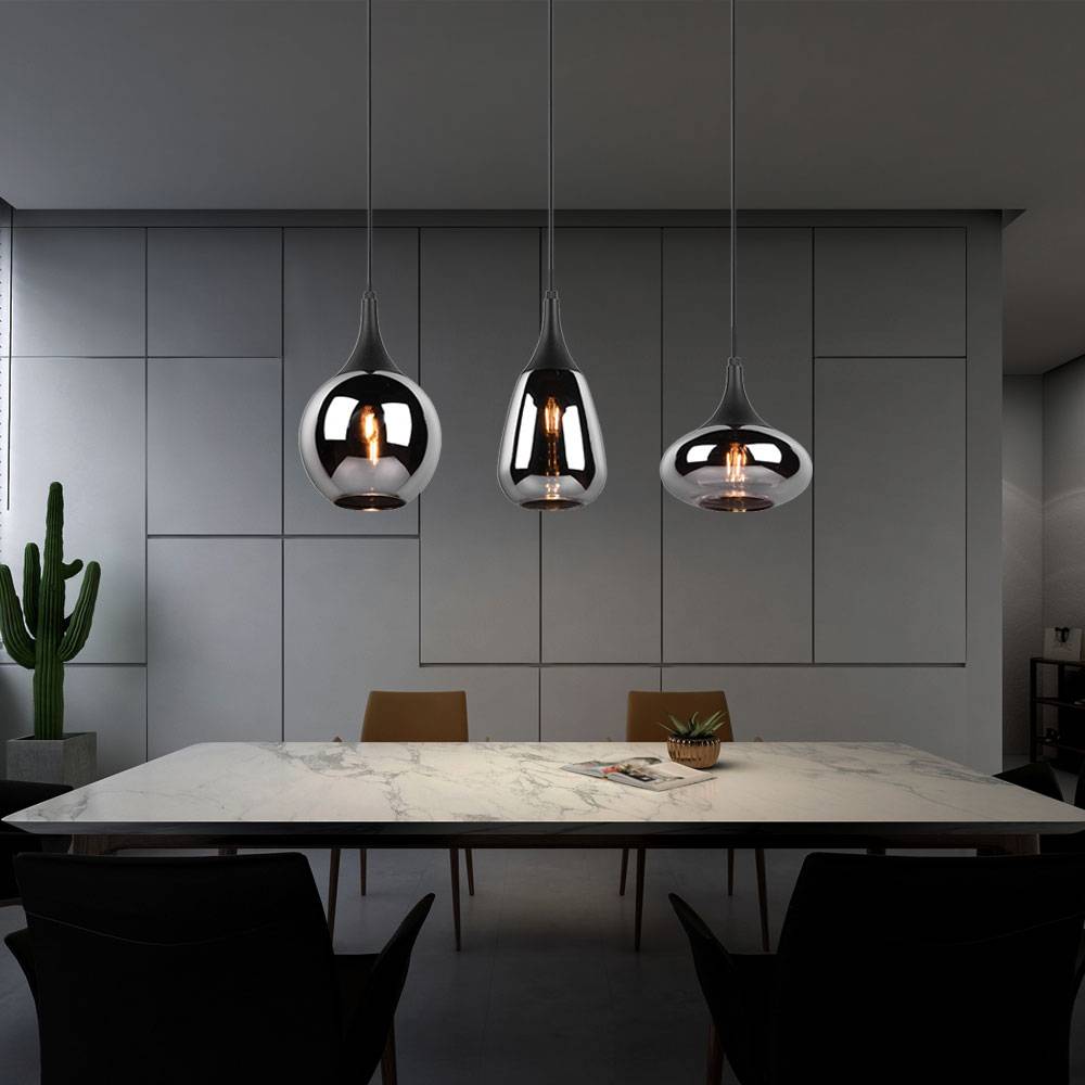 Esstischlampe schwarz Hängeleuchte Esszimmer Pendelleuchte Glas 3 flammig Glas chrom bedampft, unterschiedliche Lampenschirme, 8x E14, LxH 68x150 cm