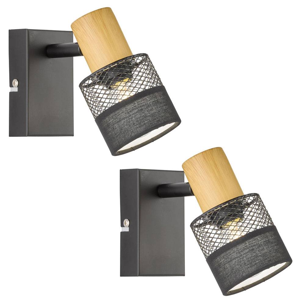 Wandleuchte Wohnzimmerlampe Holzlampe Wandlampe mit beweglichem Spot, Metall Textil, schwarz, 1x E14 Fassung, LxBxH 10x13,5x17cm, 2er Set