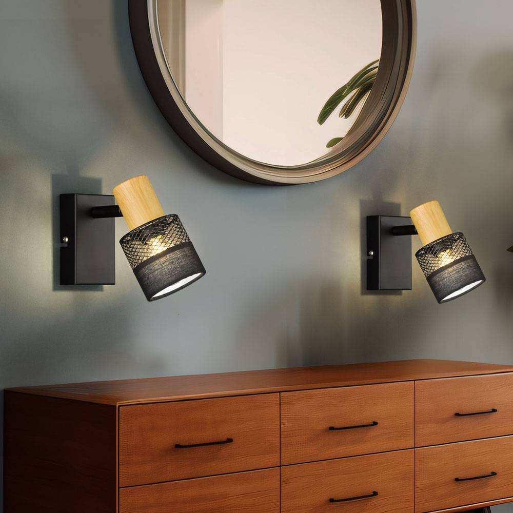 Wandleuchte Wohnzimmerlampe Holzlampe Wandlampe mit beweglichem Spot, Metall Textil, schwarz, 1x E14 Fassung, LxBxH 10x13,5x17cm, 2er Set