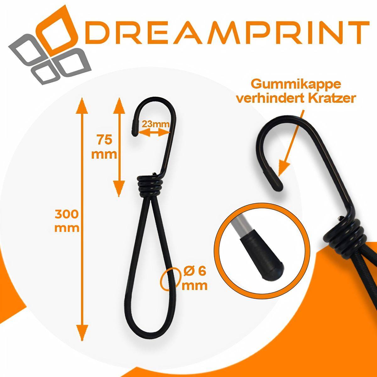 Produktbild von Dreamprint einer schwarzen Kabelaufhängung mit Gummikappe, das die Abmessungen 300 mm, 75 mm, 23 mm und 6 mm zeigt und mit „Gummikappe verhindert Kratzer