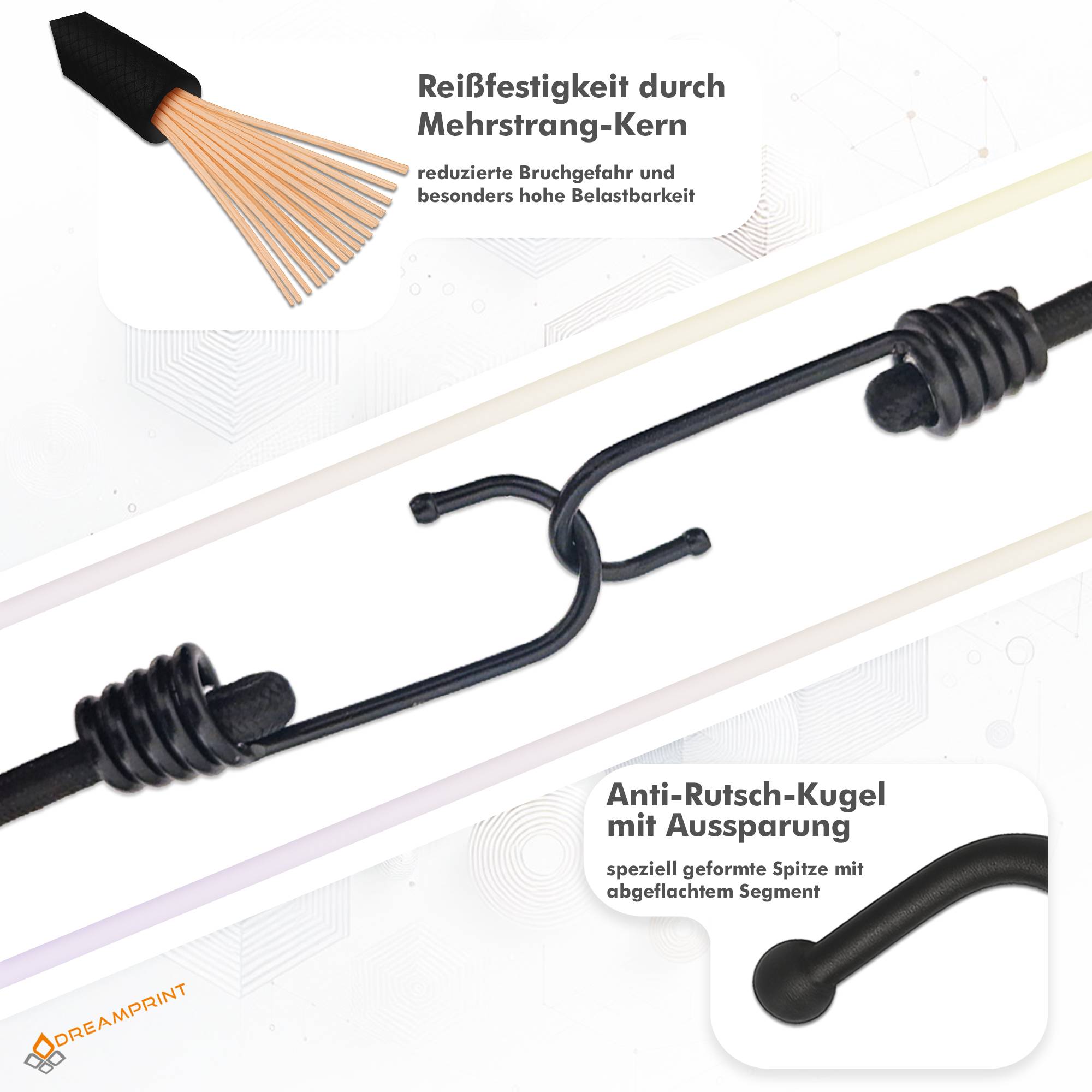 Dreamprint Expander 90 Stück Schwarz 100cm 6mm Ø Planenspanner Spann-Gummi Gepäckspanner Gummiseil mit Spiralhaken