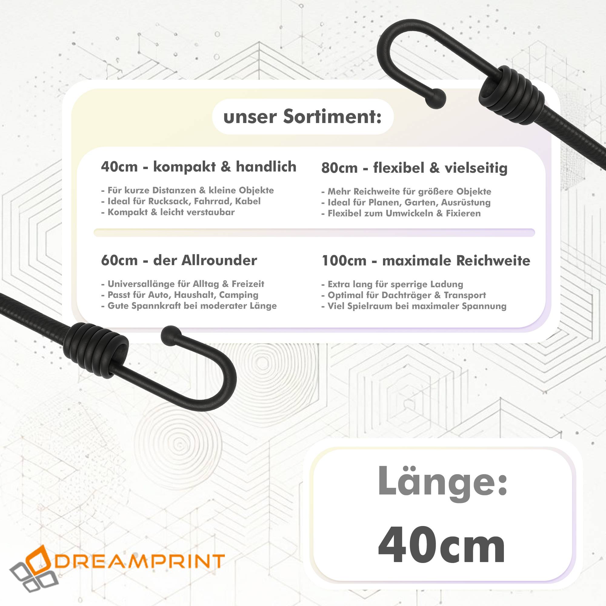 Dreamprint Expander 60 Stück Schwarz 40cm 8mm Ø Planenspanner Spann-Gummi Gepäckspanner Gummiseil mit Spiralhaken
