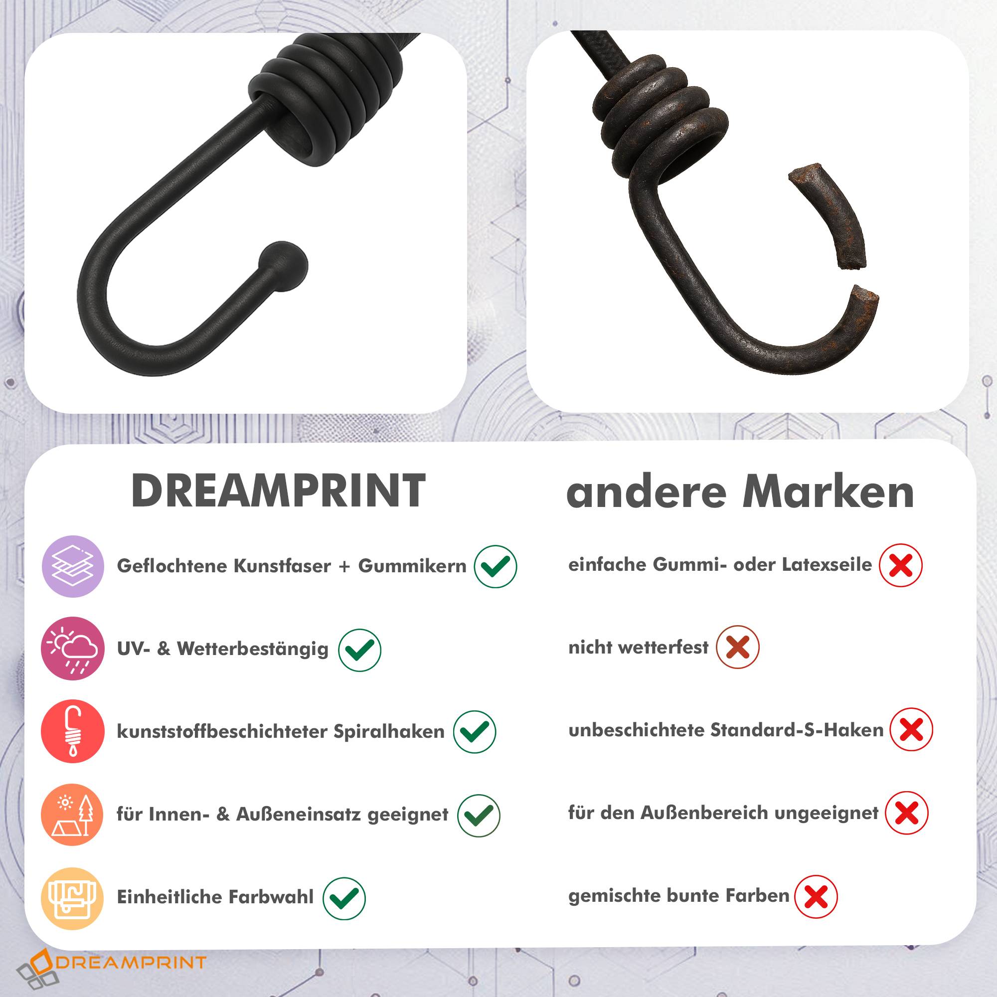 Dreamprint Expander 50 Stück Schwarz 40cm 8mm Ø Planenspanner Spann-Gummi Gepäckspanner Gummiseil mit Spiralhaken