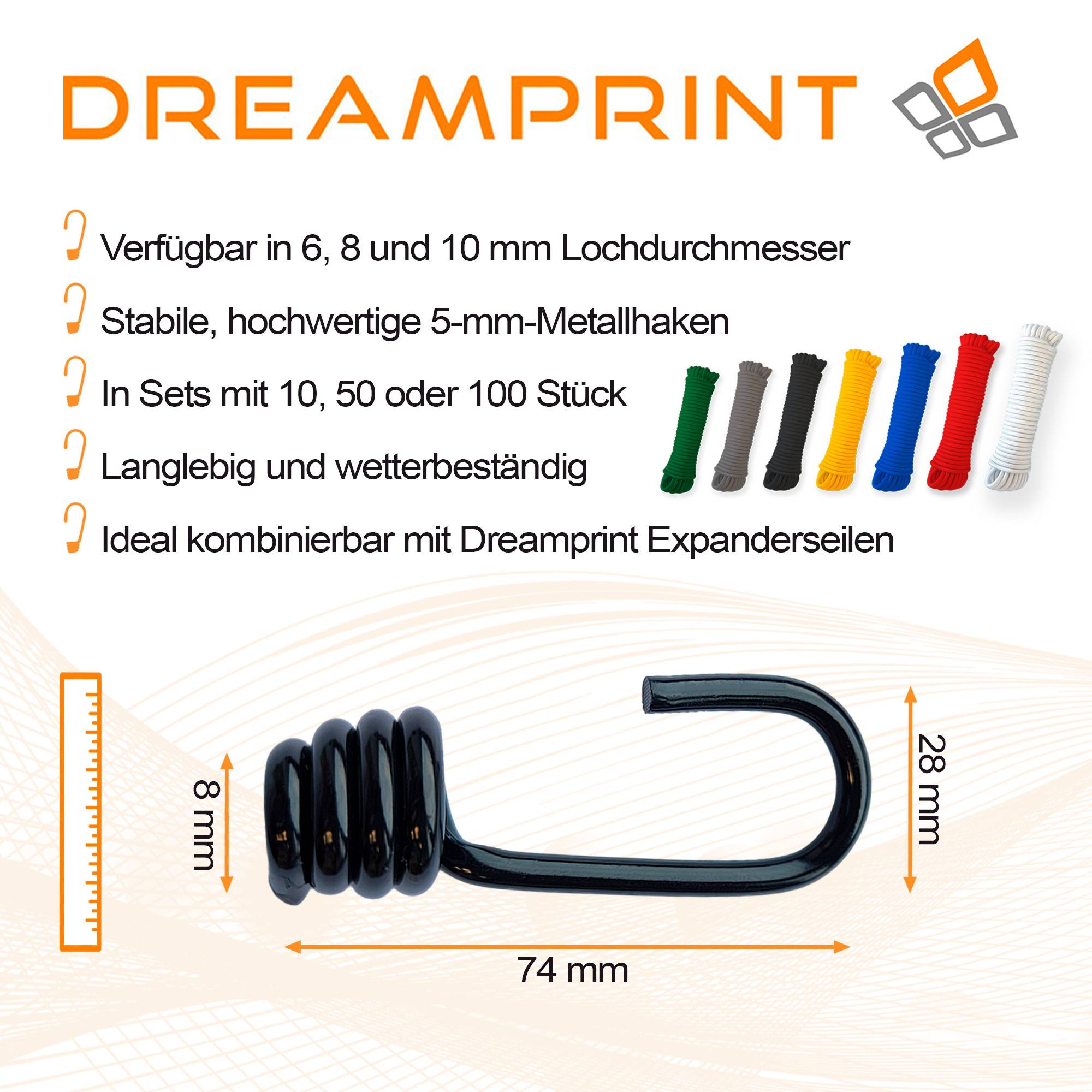 Dreamprint 100 x Spiralhaken ø 8mm - Expanderhaken/ Planenhaken/ Seilhaken für Anhänger - Praktisches Set für Expanderseile, Gummiseile, Planen un