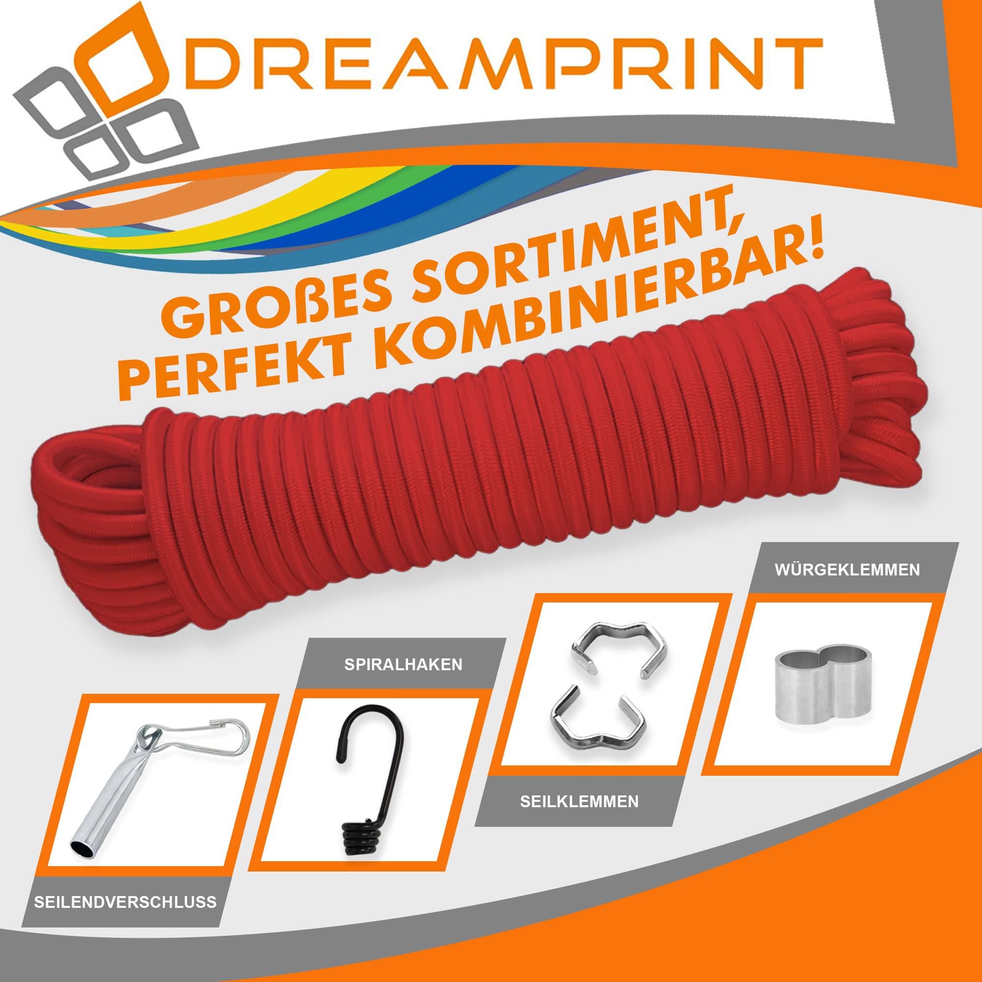 Dreamprint Expanderseil 100m Rot 8mm Ø – Gummiseil, Planenseil, elastisches Seil für Innen & Außen – Wetterfest & Reißfest – Ideal für Ladu