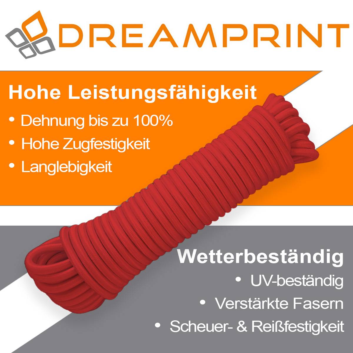 Dreamprint Expanderseil 100m Rot 8mm Ø – Gummiseil, Planenseil, elastisches Seil für Innen & Außen – Wetterfest & Reißfest – Ideal für Ladu