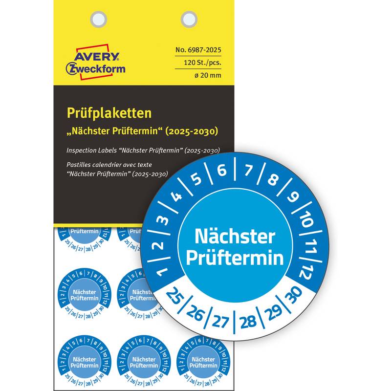 Prüfetiketten mit der Überschrift 'Nächster Prüftermin' zum Markieren von Prüfterminen von 2025 bis 2030. Runde blaue Aufkleber mit Jahreszahlen.
