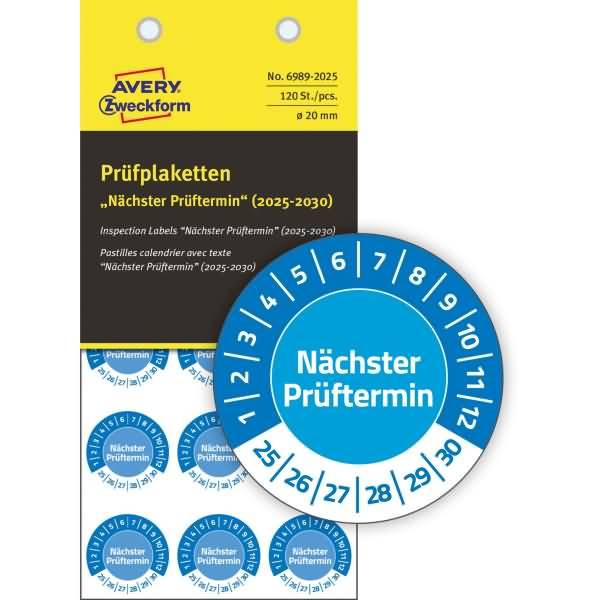 Prüfplaketten 20mm 8 Bogen/120 Etiketten 2025 blau