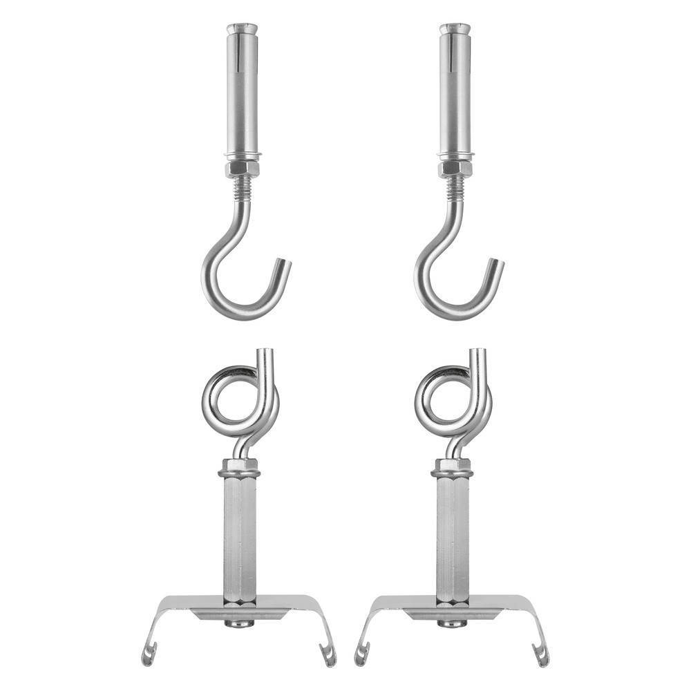 Vier silberne Schwenkhaken mit Gewindeanschlüssen, zwei mit offenen Haken und zwei mit Schlaufen, in zwei Reihen vor einem weißen Hintergrund angeordnet.