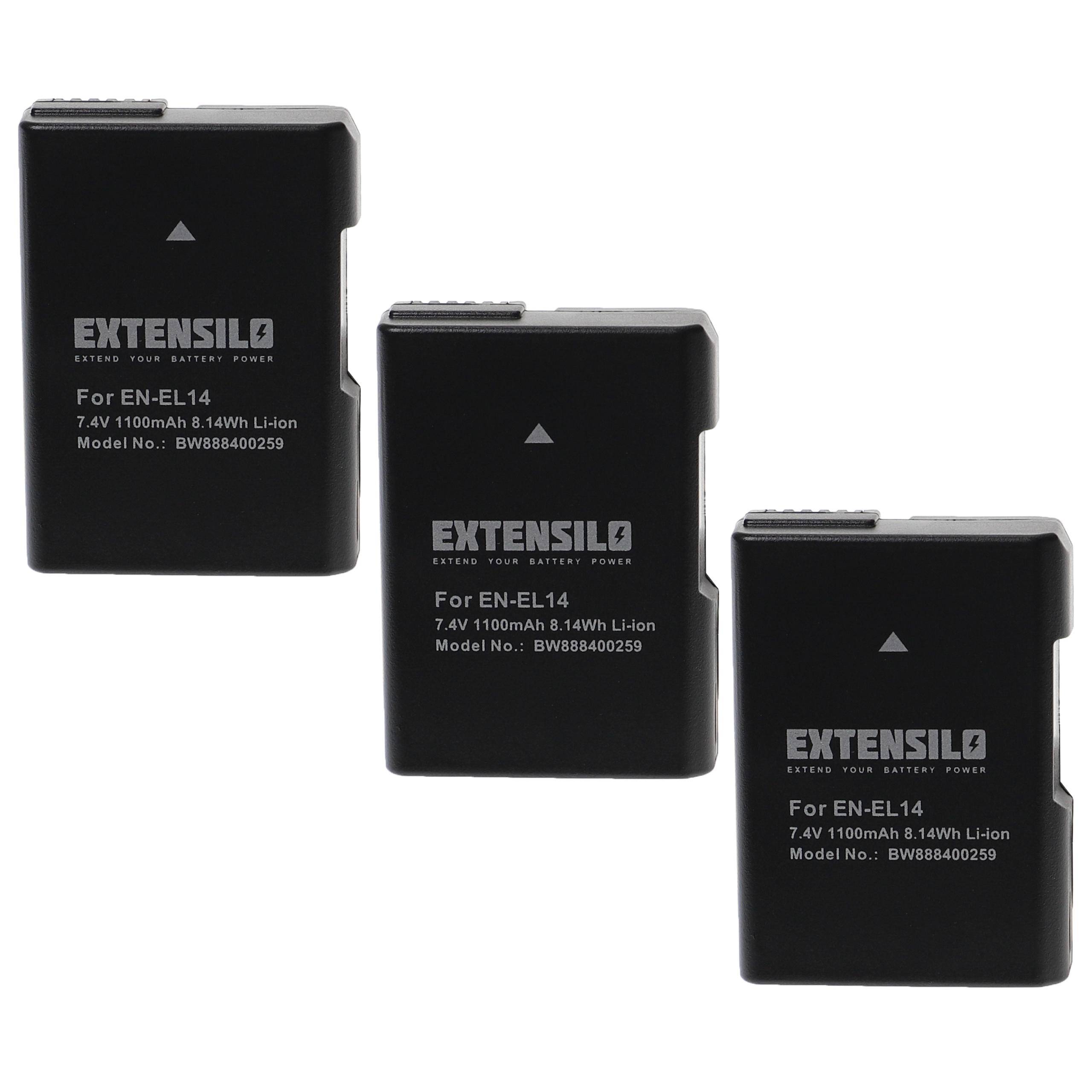 EXTENSILO 3x Akku Ersatz für Nikon EN-EL14 für Kamera (1100 mAh, 7,4 V, Li-Ion), Infochip