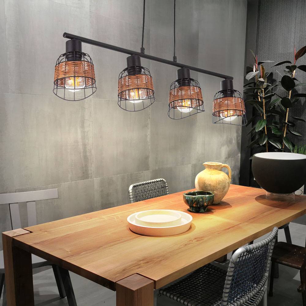 Pendelleuchte Rattan Esszimmer Deckenlampe Küche hängend Hängelampe Wohnzimmer schwarz, Gitter Grasgeflecht braun, 4x E27 Fassungen, LxBxH 81x12x15