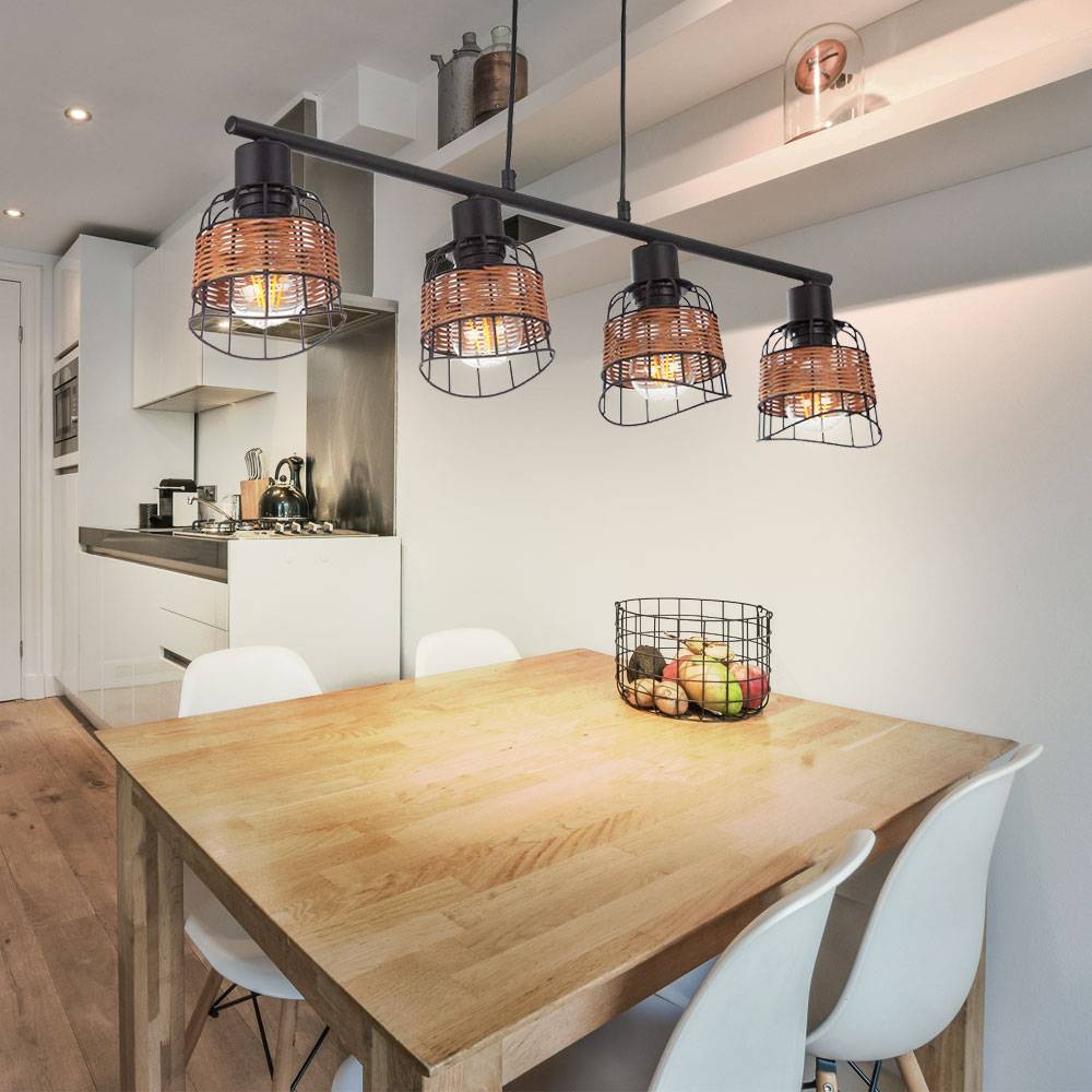 Pendelleuchte Rattan Esszimmer Deckenlampe Küche hängend Hängelampe Wohnzimmer schwarz, Gitter Grasgeflecht braun, 4x E27 Fassungen, LxBxH 81x12x15