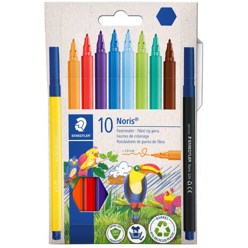 Verpackung für Staedtler Noris 10 Fasermaler, die zehn farbige Stifte und eine Tukan-Illustration auf der Schachtel zeigen.