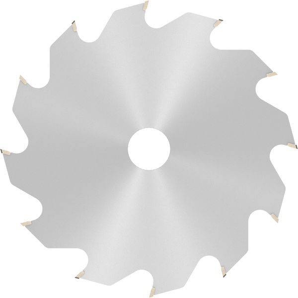 Eine kreisförmige silberne Sägeblatt mit gezackten Kanten, mit einem zentralen Loch, zum Schneiden von Materialien konzipiert.