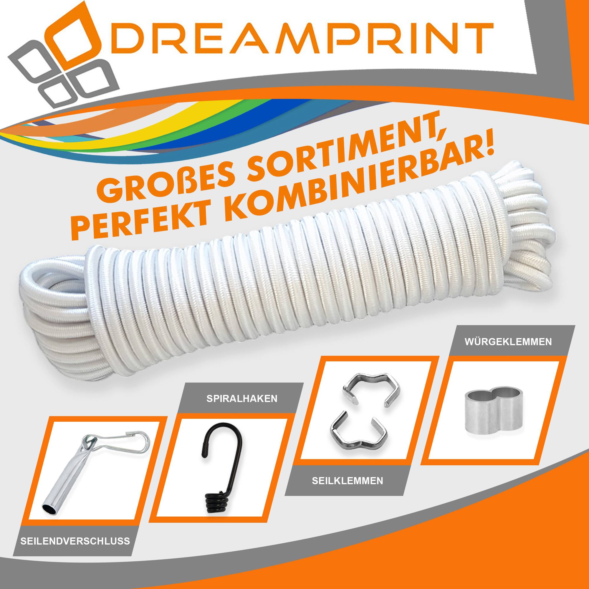 Dreamprint Expanderseil 20m Weiß 10mm Ø – Gummiseil, Planenseil, elastisches Seil für Innen & Außen – Wetterfest & Reißfest – Ideal für La