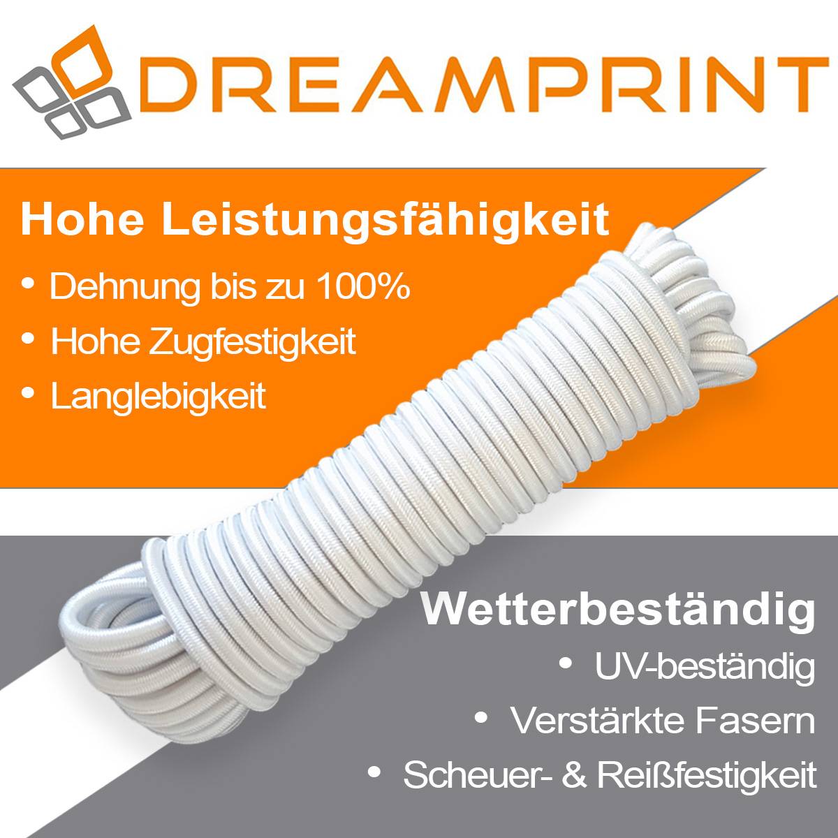 Dreamprint Expanderseil 100m Weiß 6mm Ø – Gummiseil, Planenseil, elastisches Seil für Innen & Außen – Wetterfest & Reißfest – Ideal für La