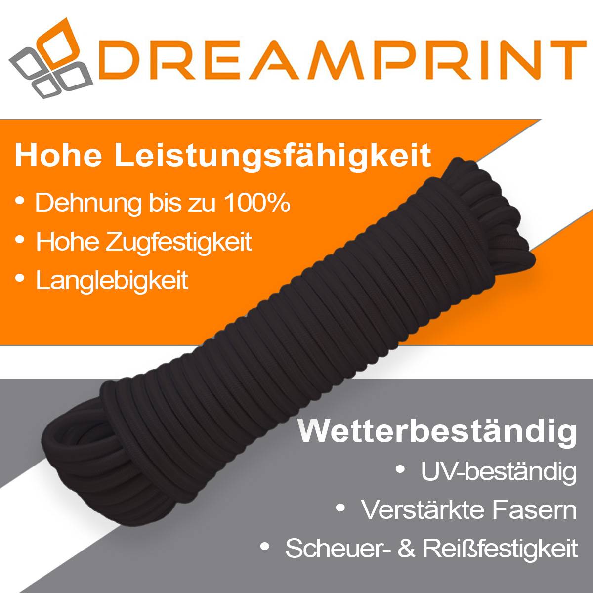 Dreamprint Expanderseil 20m Schwarz 8mm Ø – Gummiseil, Planenseil, elastisches Seil für Innen & Außen – Wetterfest & Reißfest – Ideal für L