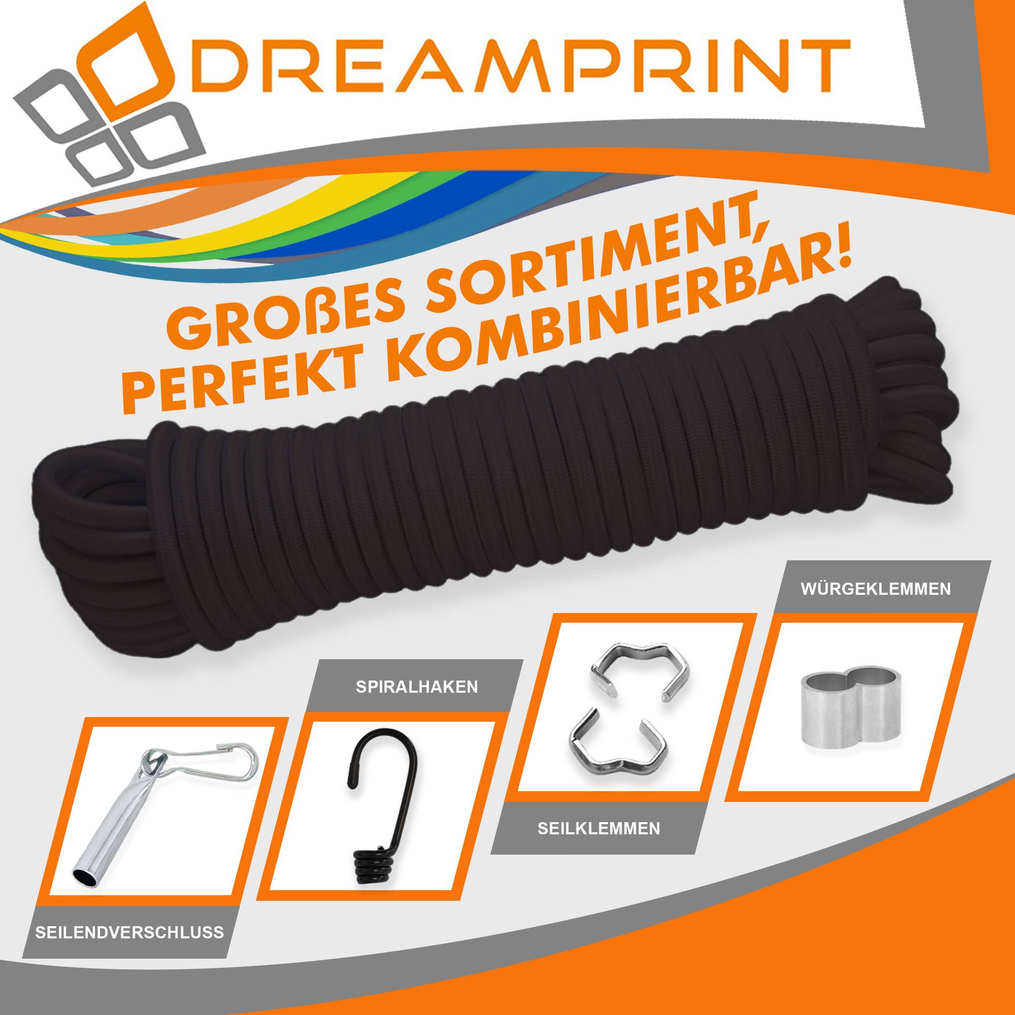 Dreamprint Expanderseil 30m Schwarz 10mm Ø – Gummiseil, Planenseil, elastisches Seil für Innen & Außen – Wetterfest & Reißfest – Ideal für