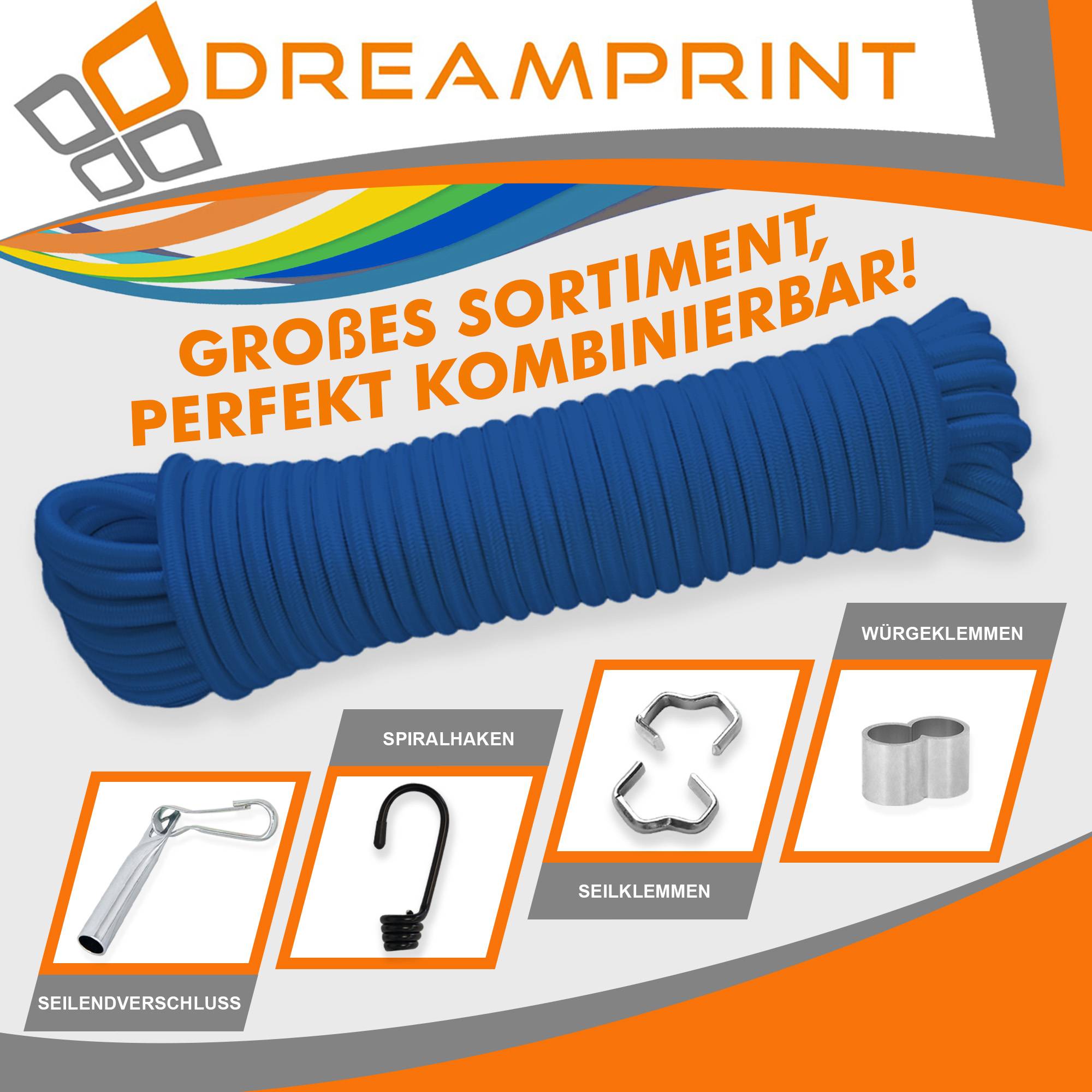 Dreamprint Expanderseil 20m Blau 8mm Ø – Gummiseil, Planenseil, elastisches Seil für Innen & Außen – Wetterfest & Reißfest – Ideal für Ladu