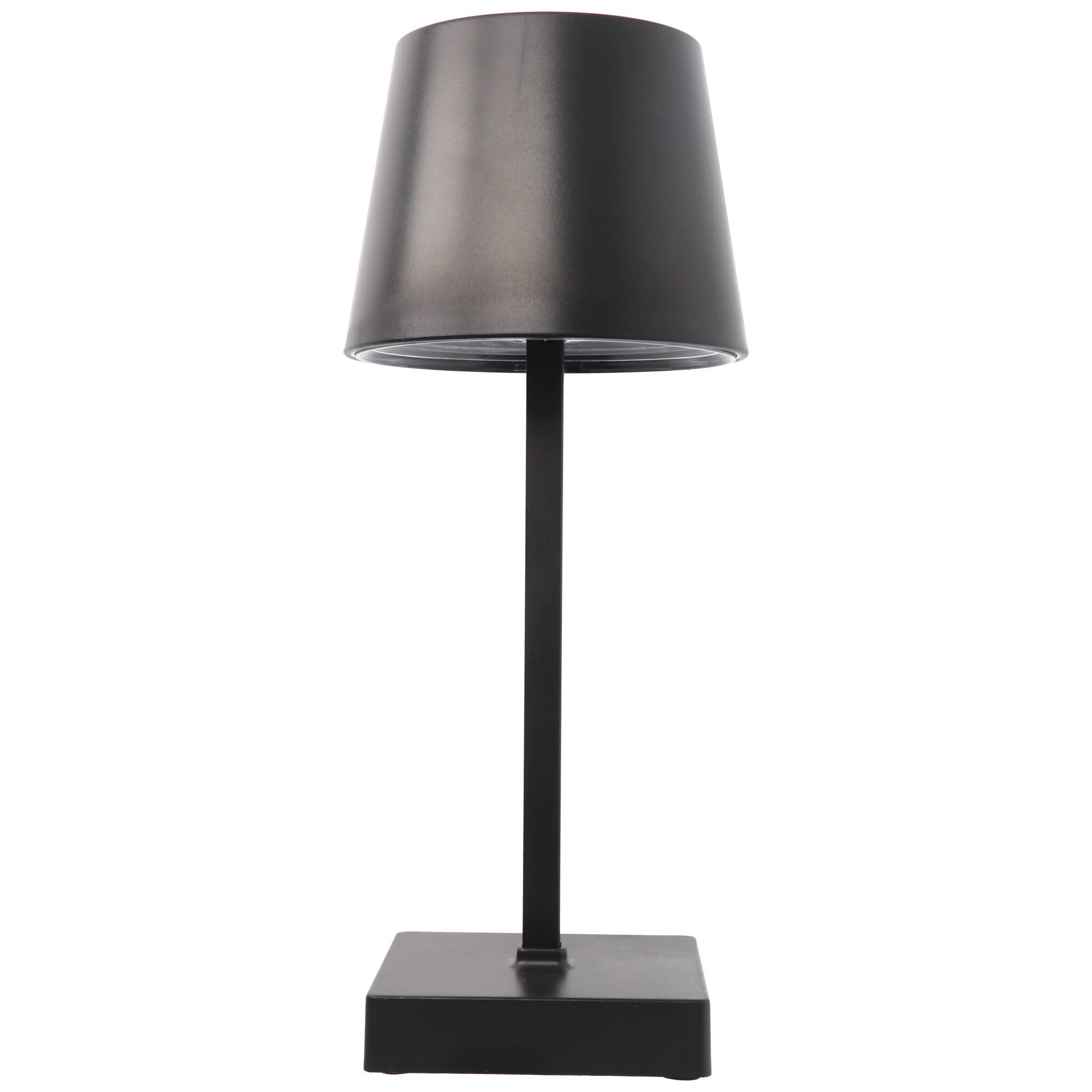 Eine schlanke, moderne schwarze Tischlampe mit einem einfachen kegelförmigen Schirm auf quadratischer Basis, geeignet für minimalistische Dekoration.