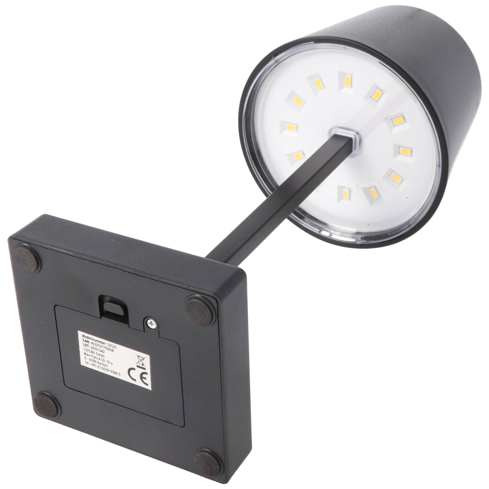 Eine kleine, schwarze, wandmontierte LED-Leuchte mit rechteckiger Basis und rundem Kopf, konzipiert für fokussiertes oder Akzentlicht.