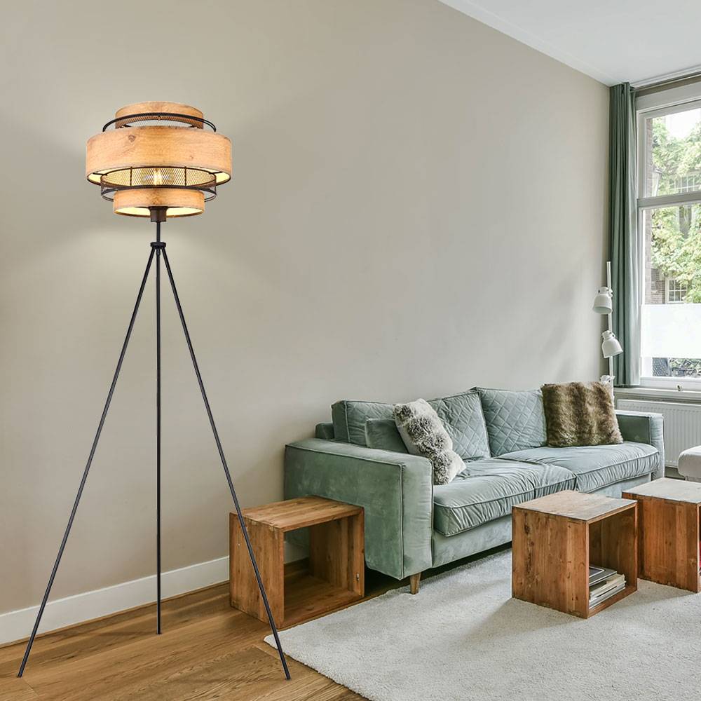 Stehleuchte Deckenfluter Holz Wohnzimmerleuchte Beistelllampe Schlafzimmer, 3-Bein Stativ Metallgeflecht schwarz, 3x E27, H 150 cm