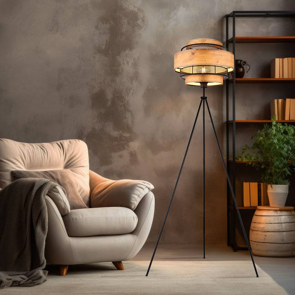 Stehleuchte Deckenfluter Holz Wohnzimmerleuchte Beistelllampe Schlafzimmer, 3-Bein Stativ Metallgeflecht schwarz, 3x E27, H 150 cm