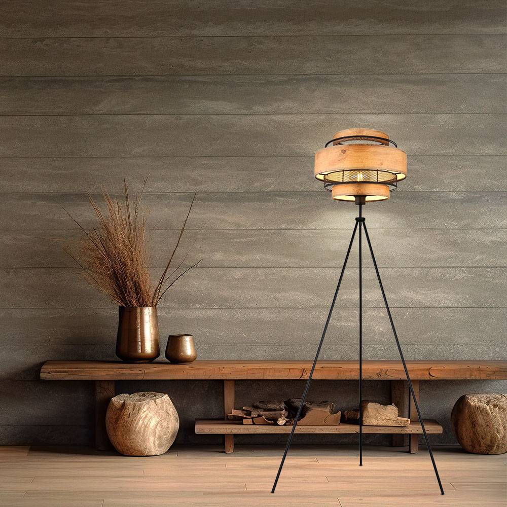 Stehleuchte Deckenfluter Holz Wohnzimmerleuchte Beistelllampe Schlafzimmer, 3-Bein Stativ Metallgeflecht schwarz, 3x E27, H 150 cm