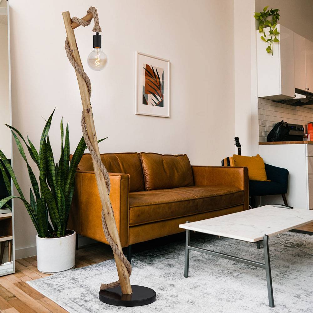Stehlampe Esszimmer Standleuchte schwarz Holz Holzleuchte Hanfseil Holzoptik Landhausstil, Metall braun, 1x E27 Fassung, LxBxH 42,5x30x150cm