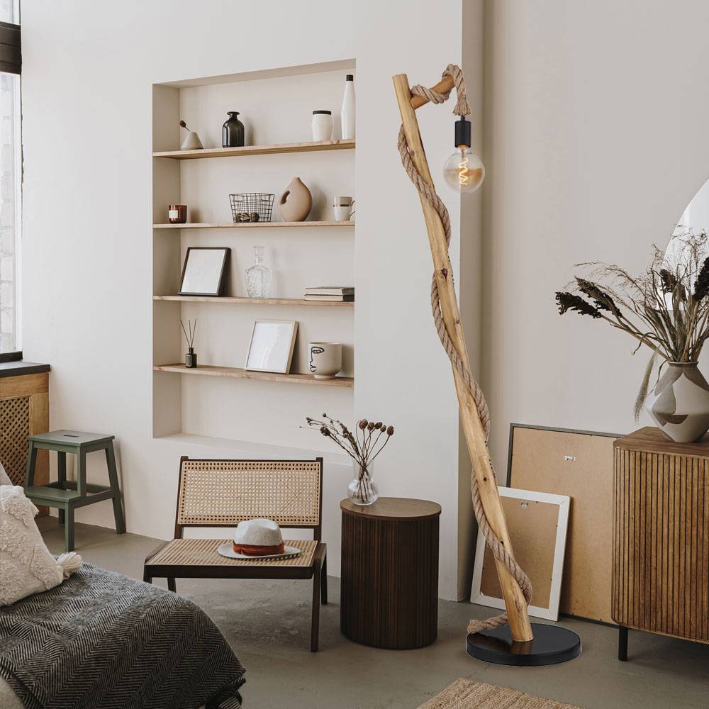 Stehlampe Esszimmer Standleuchte schwarz Holz Holzleuchte Hanfseil Holzoptik Landhausstil, Metall braun, 1x E27 Fassung, LxBxH 42,5x30x150cm