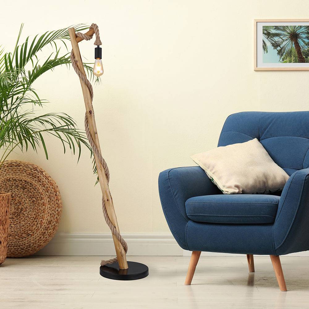 Stehlampe Esszimmer Standleuchte schwarz Holz Holzleuchte Hanfseil Holzoptik Landhausstil, Metall braun, 1x E27 Fassung, LxBxH 42,5x30x150cm