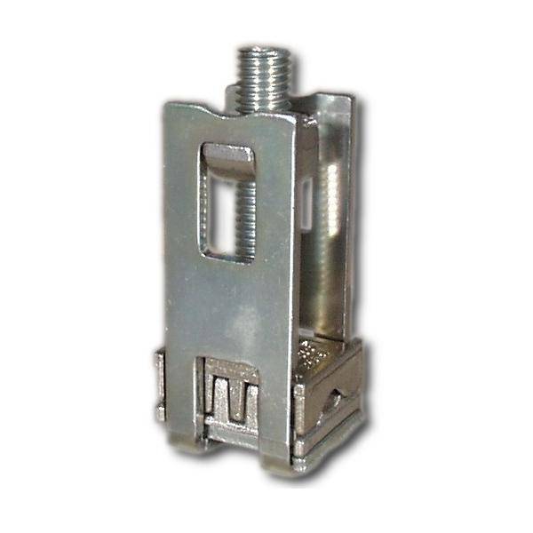 Kleiner Metallmontageclip mit Gewindeschraube, auf weißem Hintergrund gezeigt.