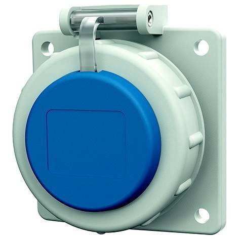 Blauer industrieller runder Deckel auf einer hellgrünen Montageplatten, oben angeschlagen, mit vier Schraubenlöchern.