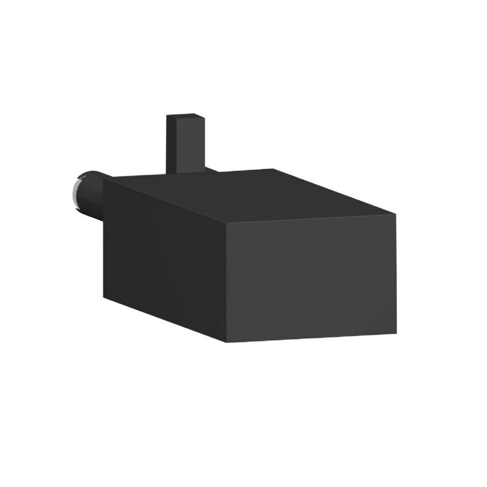 Eine schwarze, rechteckige wandmontierte Leuchte mit einem zylindrischen Stab, der seitlich herausragt.