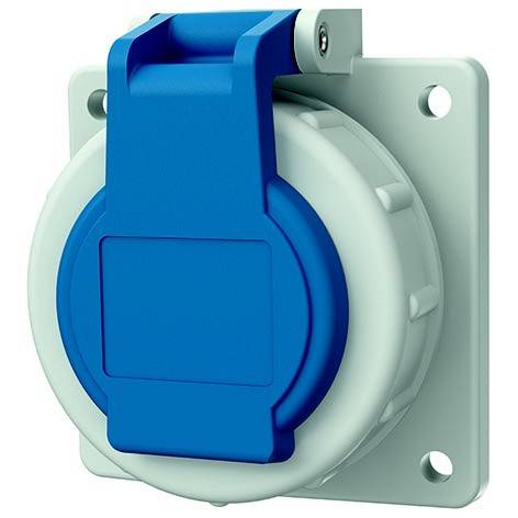 Blauer Schutzdeckel für Steckdosen mit Industriestandard, auf einer Wandplatte montiert, dargestellt in geschlossenem Zustand über einer runden Steckdose.