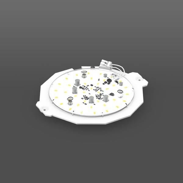 Weiße kreisförmige LED-Lichtmodul mit montierten Komponenten und Anschluss auf grauem Hintergrund.