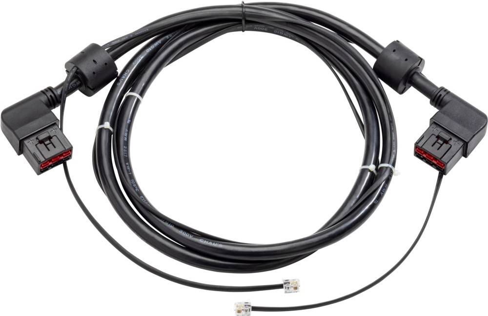 Ein langer, gewickelter schwarzer Kabel mit Ferritmagneten an jedem Ende und einem RJ45-Steckerverbinder.