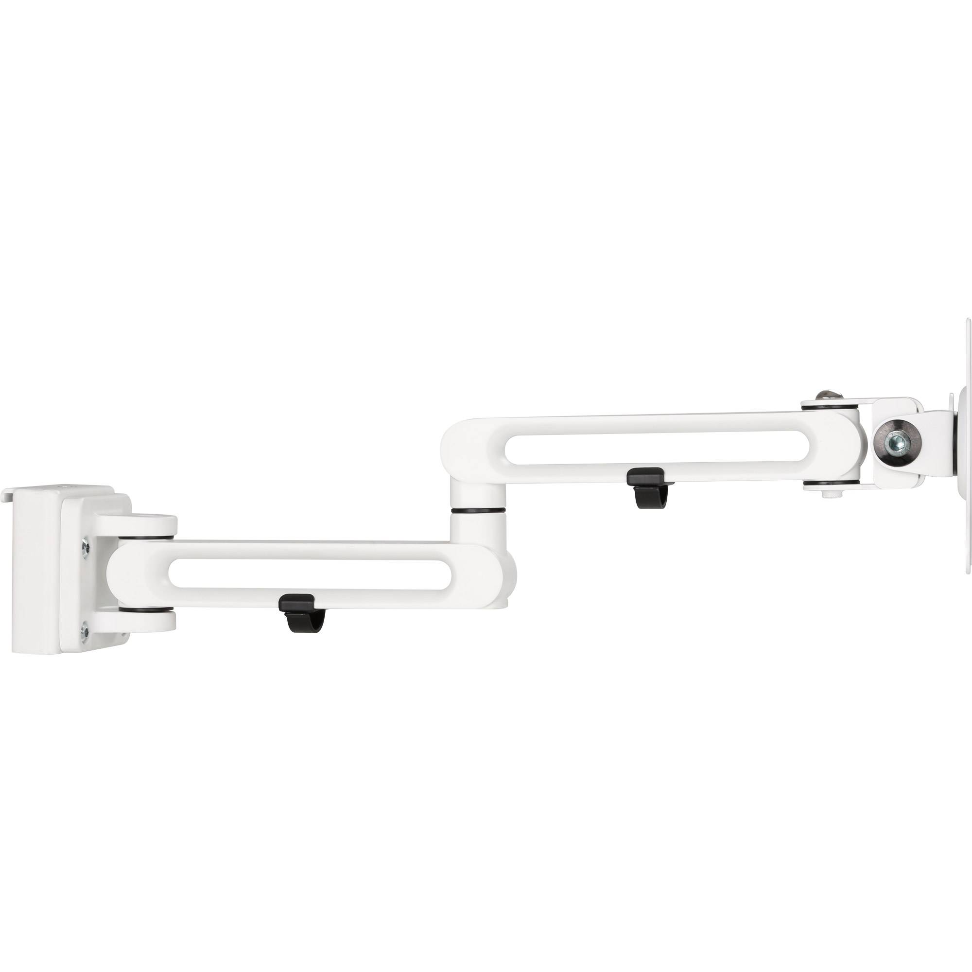 Weiße verstellbare Doppelarm-Wandhalterung oder Monitor-Arm mit Gelenken und Montageplaten auf weißem Hintergrund.